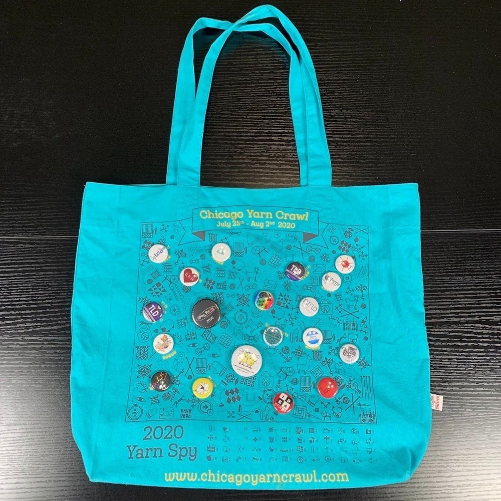Chicago Yarn Crawl 2020 Yarn Spy  Project Tote Bag with Shop Pins Knit Crochet